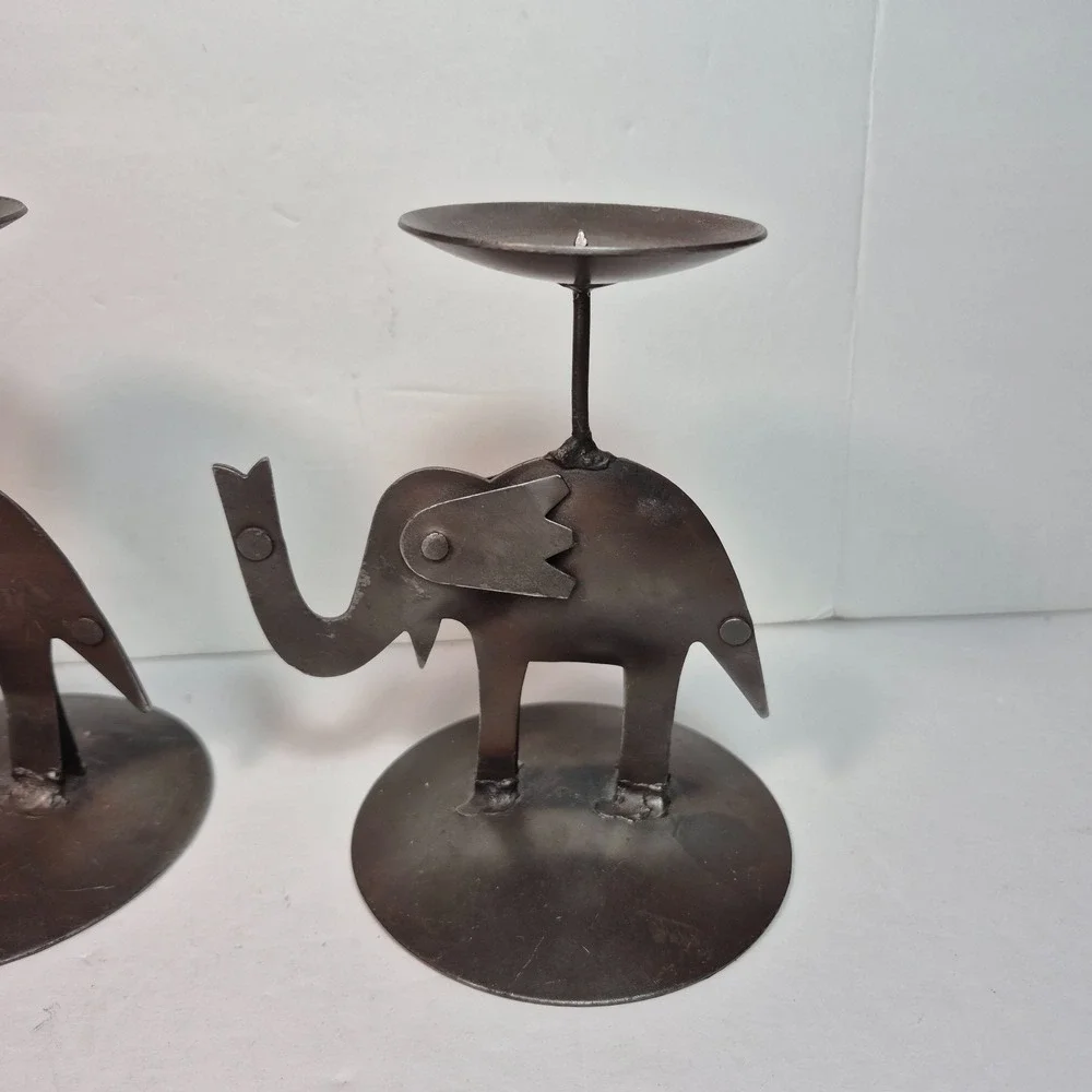 Lot of 2 Vintage Pier 1 Rustic Metal Elephant Candle Holders 5.5